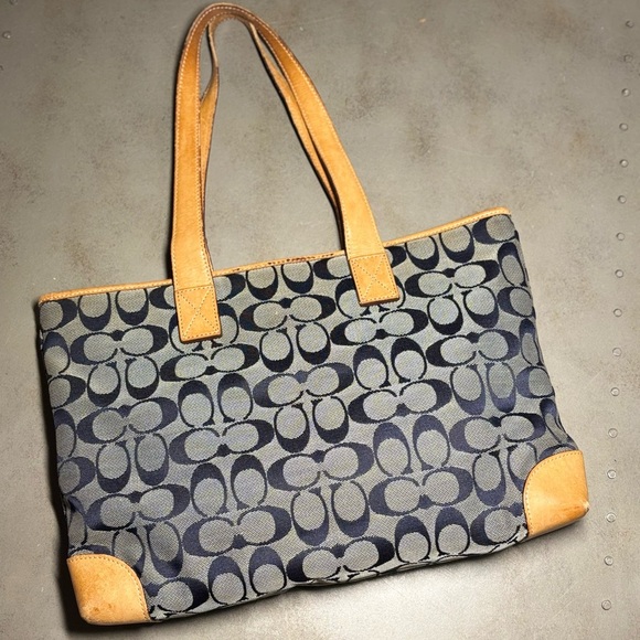 Coach Blue & Grey Signature Canvas Tote w/ Light Brown Trim - Picture 5 of 14